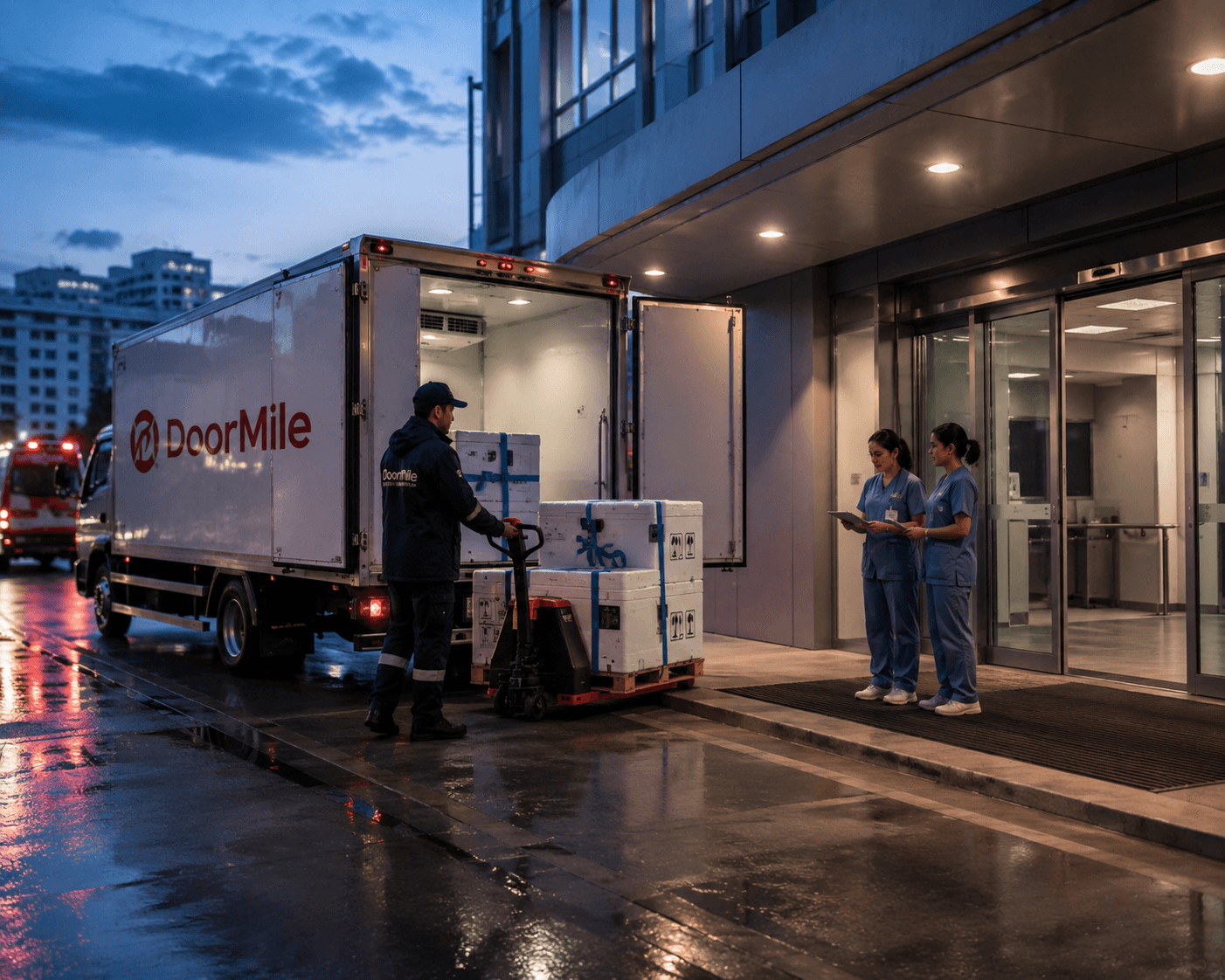 Doormile crew loading a truck at a dispatch dock