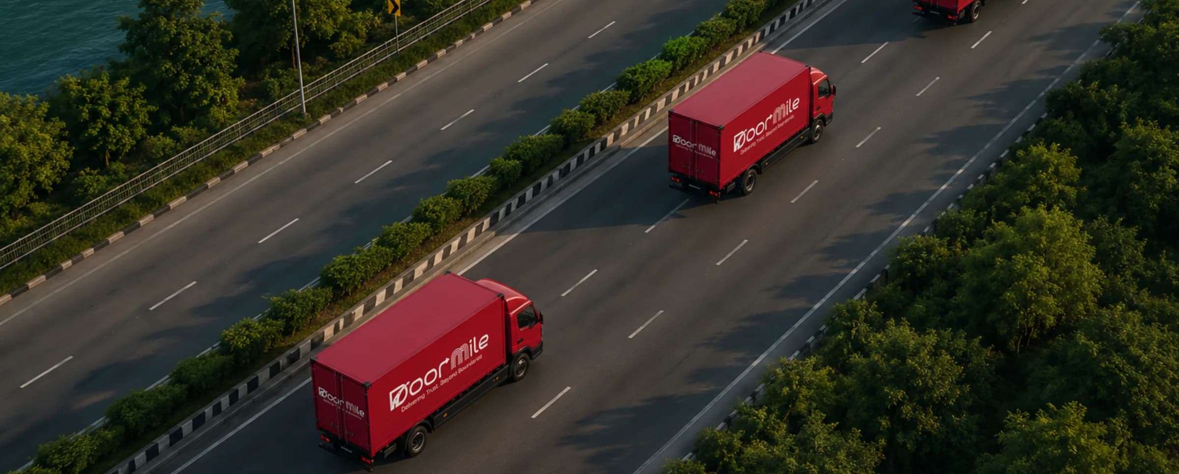 Doormile trucks running an expressway corridor, seen from above